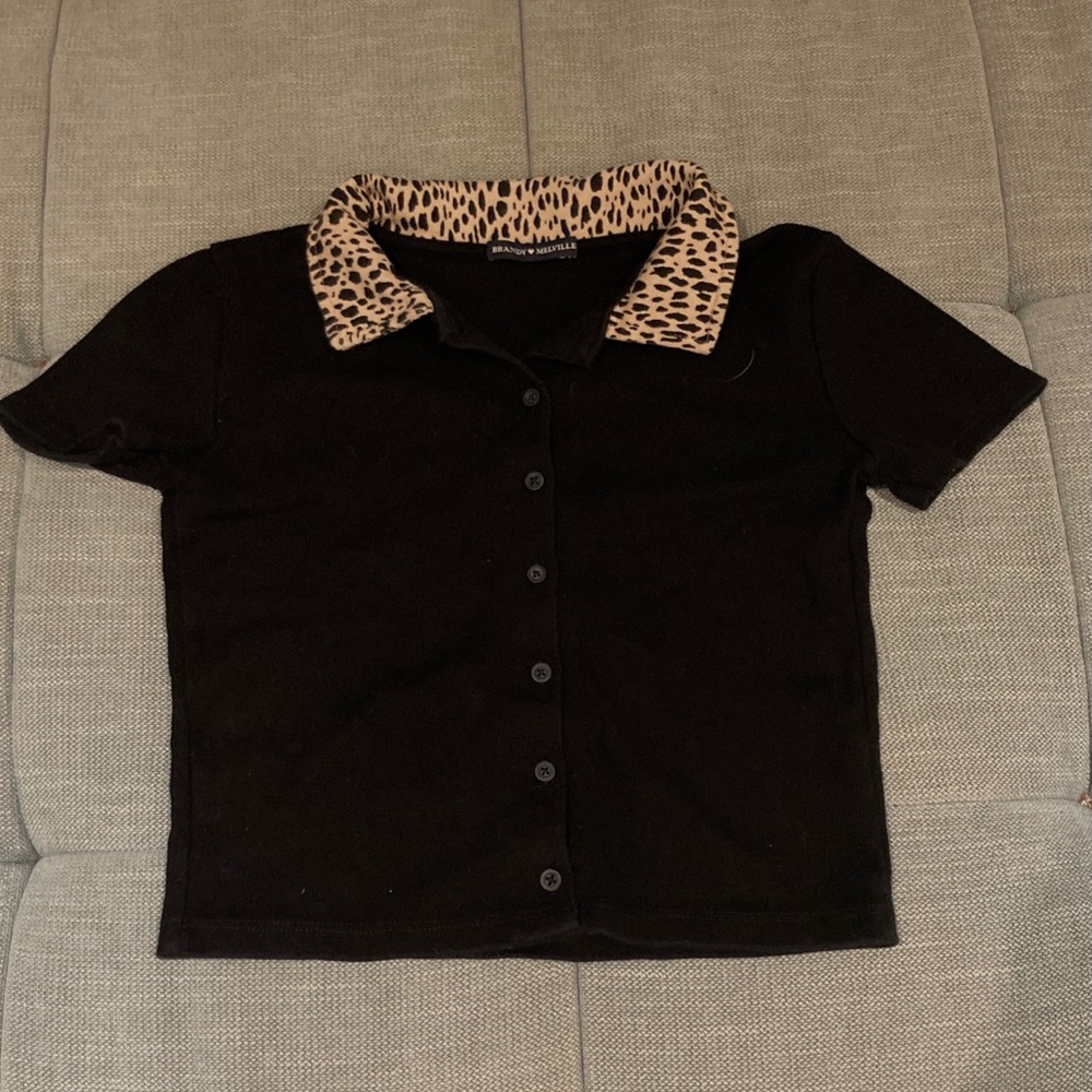 Brandy Melville Black Cheetah Collar Top